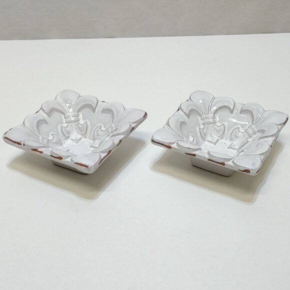 Mud Pie Ceramic Dessert Fleur de Lis Dishes Set Of 2 Square Decorative Bowls - Picture 3 of 6